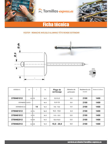 1 x Remache ciego, totalmente de aluminio...
