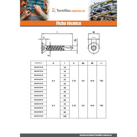 1 x Tornillo autoperforante cabeza fresada/testa svasat 4.2X32 TORX T20 Inoxidable AISI 410