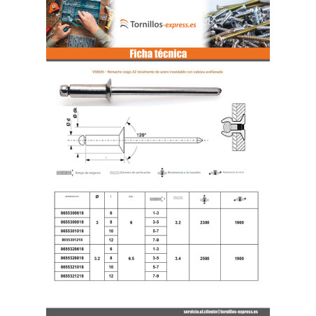 1 x Remache Ciego Todo Acero Inoxidable cabeza fresada/testa svasat 3.2X8 grosor de ajuste 3 con 5
