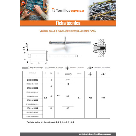 1 x Remaches ciegos Barra Filettata Alluminio Acciaio 3.2X8 grosor de ajuste 3 con 5 Cabeza redonda estándar blanco