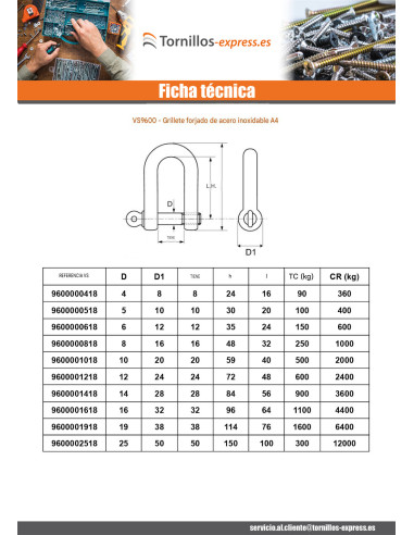 1 x Grillete Recta con Tornillo de ojo con ojo...