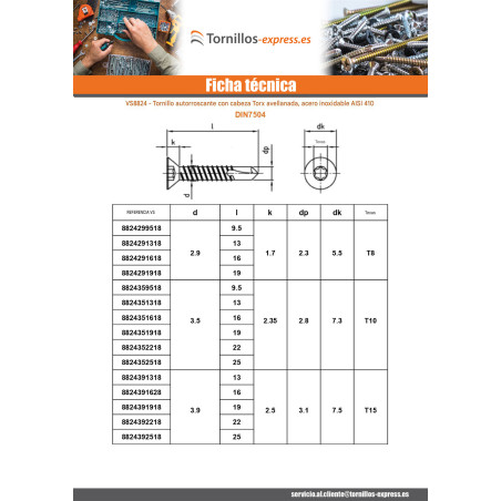 1 x Tornillo autoperforante cabeza fresada/testa svasat 5.5X70 TORX T25 Inoxidable AISI 410