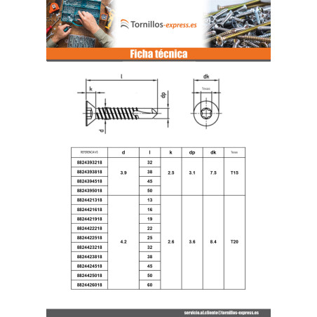 1 x Tornillo autoperforante cabeza fresada/testa svasat 2.9X13 TORX T8 Inoxidable AISI 410