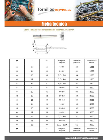 1 x Remache ciego totalmente de acero GUSTO...