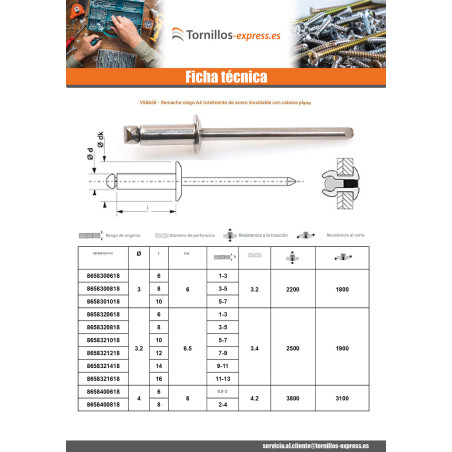 1 x RIVAVEU Todo Acero Inoxidable A4 Cabeza redonda estándar 3.2X6 grosor de ajuste 1 con 3