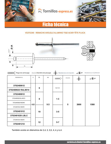 1 x Remaches ciegos Barra Filettata Alluminio...