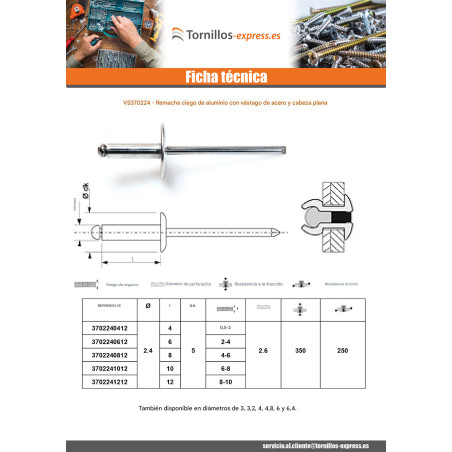 1 x Remaches ciegos Barra Filettata Alluminio Acciaio 2.4X4 grosor de ajuste 0.5 con 2 Cabeza redonda estándar ALX
