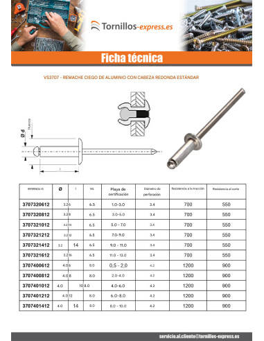 1 x Remache ciego, totalmente de aluminio 3.2X8...