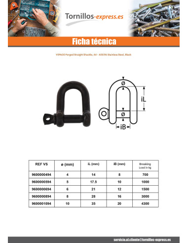 1 x Grillete Recta forjada Inoxidable A4 Negro...