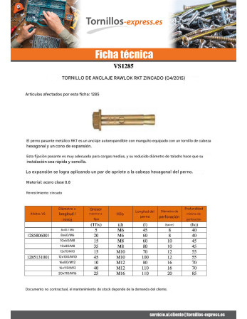 1 x Perno metal RKT 12X100 M10 Acero cincado