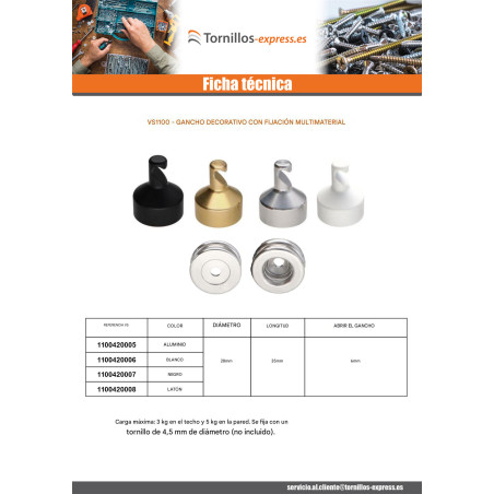 1 x Gancho decorativo Aluminio con fijación multimaterial L'ATTACHANTE