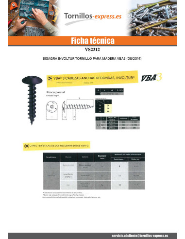 1 x Tornillo madera aglomerado VBA3 pernio...