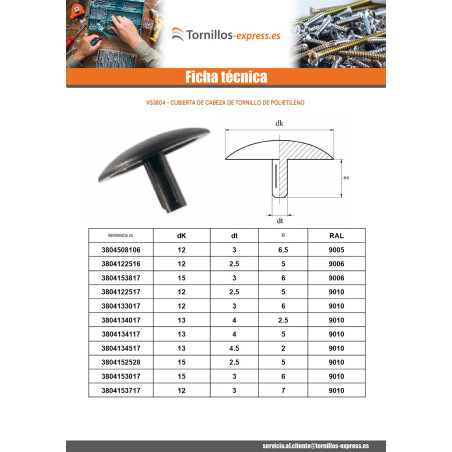1 x Tapón para Cabeza de Tornillo Polietileno diámetro de cabeza: 12 diámetro varilla 3 longitud varilla 6 RAL7035 gris