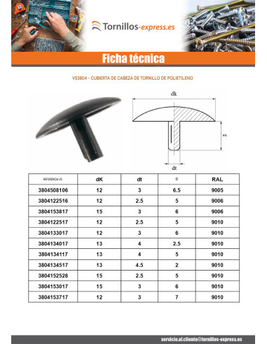 1 x Tapón para Cabeza de Tornillo Polietileno...