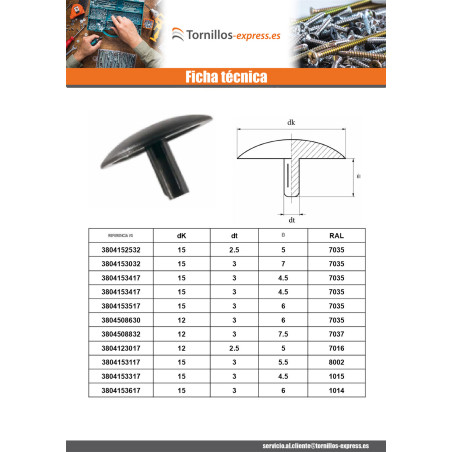 1 x Tapón para Cabeza de Tornillo Polietileno diámetro de cabeza: 12 diámetro varilla 3 longitud varilla 6 RAL9010