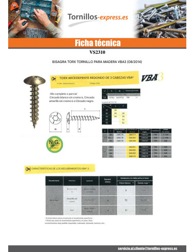 1 x Tornillo madera aglomerado VBA3 pernio 6X40...