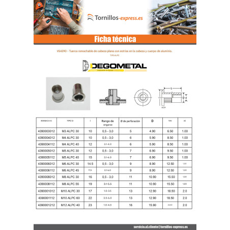 1 x Tuerca remachable M3X10 ALPC 30 Aluminio grosor de ajuste 0.5 con 3