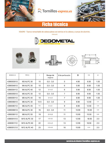 1 x Tuerca remachable M6X17.5 ALPC 45 Aluminio...