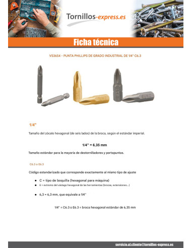 1 x Punta Calidad industrial 1/4" E6.3 Phillips...