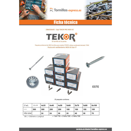 1 x TEKOR EMBALAR PRO 1800 Tornillo cabeza fresada/testa svasat dentado TORX Inoxidable A2