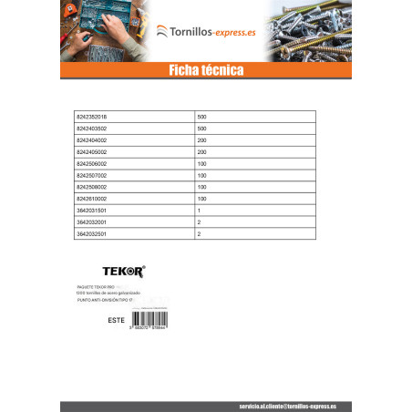 1 x TEKOR EMBALAR PRO 1800 Tornillo cabeza fresada/testa svasat dentado TORX Inoxidable A2