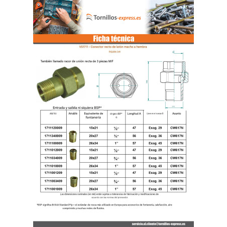 1 x Conector recto con junta tórica 26x34 (1") macho hembra Latón Figura 341