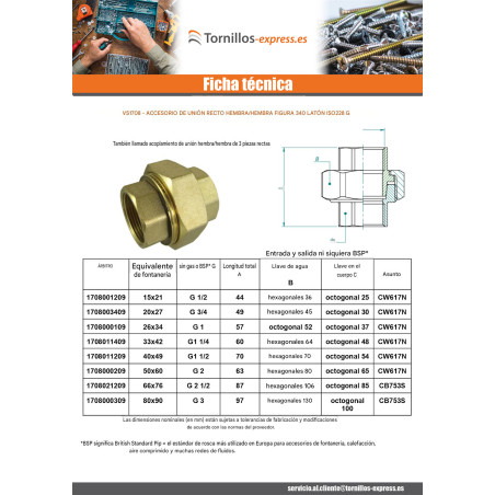 1 x Conector de unión recto 40x49 (1"1/2) hembra hembra Latón Figura 340