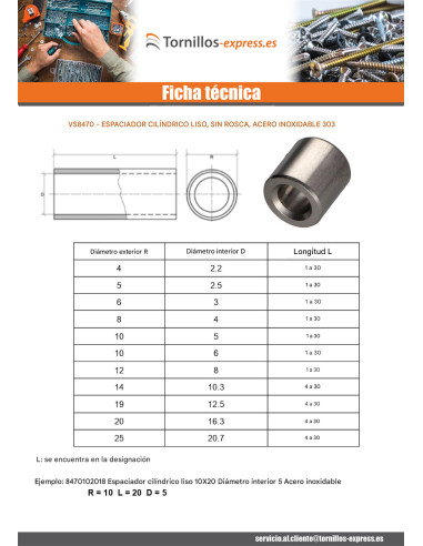 1 x Tirante cilíndrico liso 8X3 diámetro...