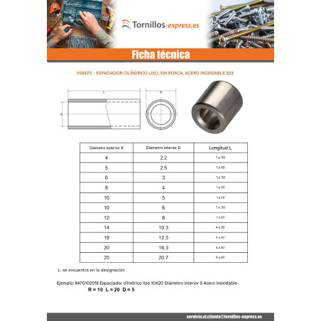 1 x Tirante cilíndrico liso 10X18 diámetro interior 6 Inox