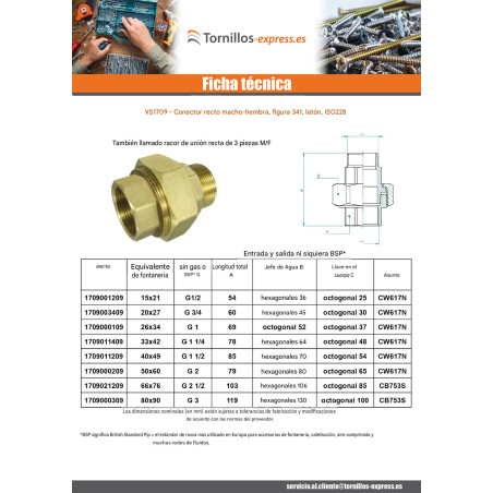 1 x Conector de unión recto 26x34 (1") macho hembra Latón Figura 341