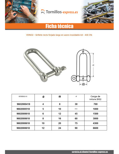 1 x Grillete recta larga forjada Inoxidable A4...