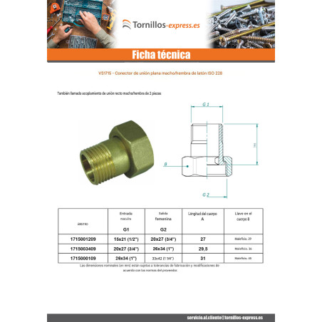 1 x Conector de unión plano macho hembra 15x21 (1/2") X 20x27 (3/4") Latón