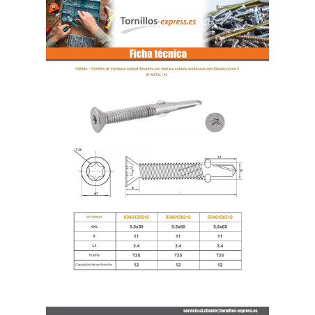 1 x Tornillo autoperforante Bimetal cabeza fresada/testa svasat TORX T25 broca largo 5.5X60