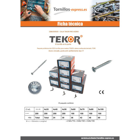 1 x TEKOR EMBALAR PRO 1200 Tornillo cabeza fresada/testa svasat dentado TORX Acero cincado blanco