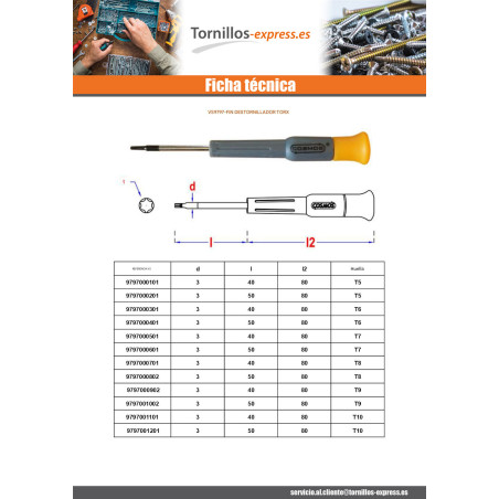 1 x Destornillador fin TORX T5 longitud total 80 longitud varilla metálica 40