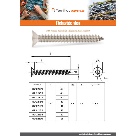 1 x Tornillo chapa cabeza fresada/testa svasat 3.9X50 TORX T15 Inoxidable A4