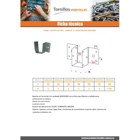 1 x Colgador de vigueta en forma de U soporte para viga 63X75 sendzimir