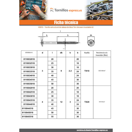 1 x Tornillo estructura cabeza disco Inoxidable A2 10X400 roscado en 105 TORX T40 diámetro de cabeza: 25