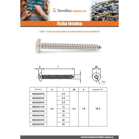 1 x Tornillo chapa cabeza cilíndrica abombada 2.2X22 TORX T6 Inoxidable A4