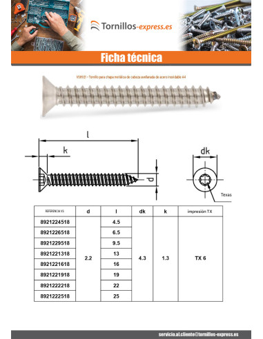 1 x Tornillo chapa cabeza fresada/testa svasat...