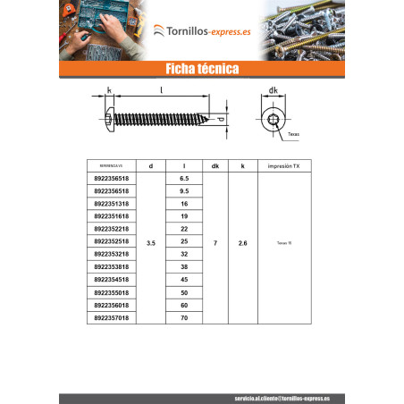 1 x Tornillo chapa cabeza cilíndrica abombada 5.5X65 TORX T25 Inoxidable A4