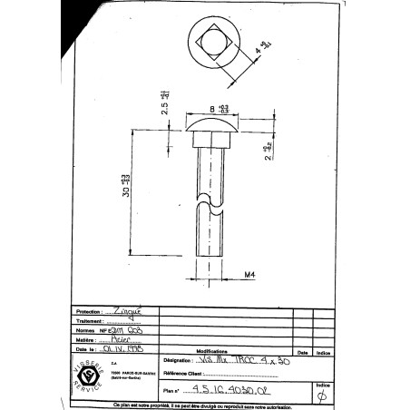 1 x Cabeza redonda cuello cuadrado M4X30 roscado total cuadrado 4X4X2.5 Acero cincado blanco