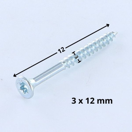 1 x Tornillo madera aglomerado cabeza fresada/testa svasat TORX T10 3X12 Acero cincado blanco microtornillo