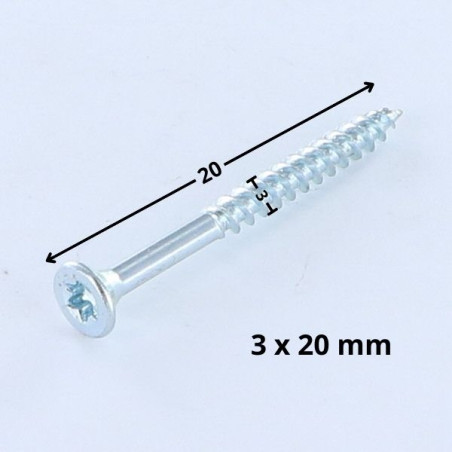 1 x Tornillo madera aglomerado cabeza fresada/testa svasat TORX T10 3X20 Acero cincado blanco microtornillo