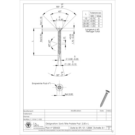 1 x Tornillo madera aglomerado cabeza fresada/testa svasat Pozi PZ3 2.5X10 roscado total Acero cincado negro microtornillo