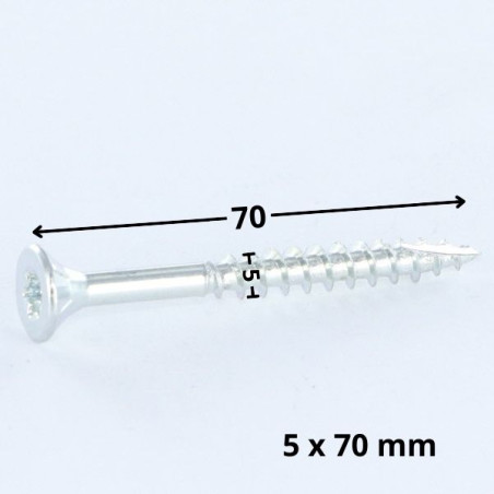 1 x Tornillos para madera TEKOR cabeza fresada/testa svasat dentado 5X70 roscado en 42 TORX T25 Acero cincado blanco cut