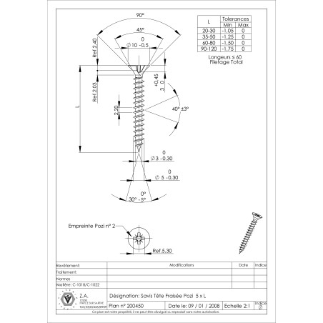 1 x Tornillo madera aglomerado cabeza fresada/testa svasat Pozi PZ4 5X20 roscado total Acero cincado blanco