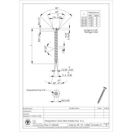 1 x Tornillo madera aglomerado cabeza fresada/testa svasat Pozi PZ4 4X30 roscado total Acero cincado negro