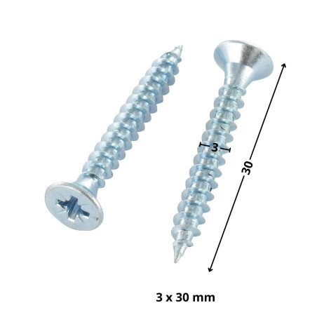 1 x Tornillo madera aglomerado cabeza fresada/testa svasat Pozi PZ3 3x30 roscado total Acero cincado blanco microtornillo