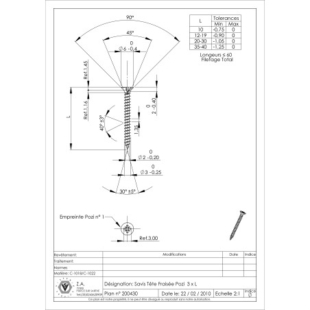1 x Tornillo madera aglomerado cabeza fresada/testa svasat Pozi PZ3 3x30 roscado total Acero cincado blanco microtornillo